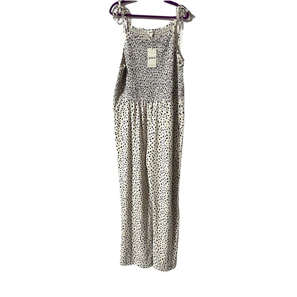 Pact Cream and Black Polka Dot Smocked Jumpsuit